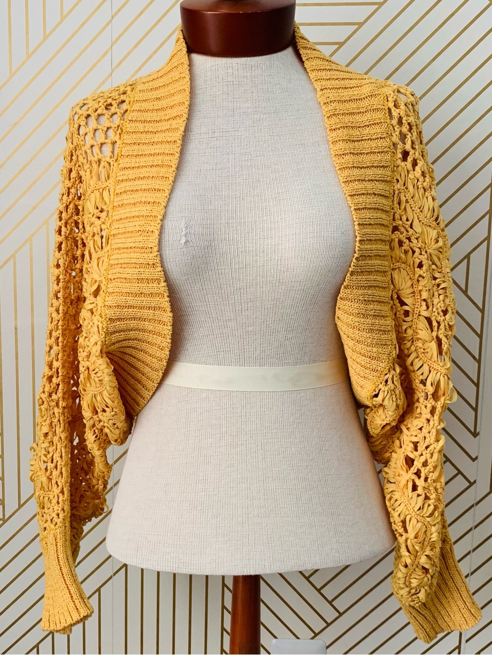 George boho bohemian open knit bolero shrug Cardigan open front ribbed hems L